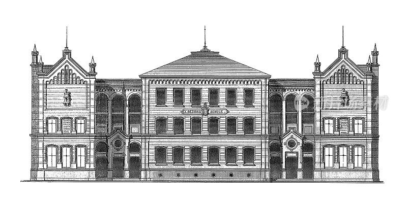 学校在德累斯顿，德国|古董建筑插图